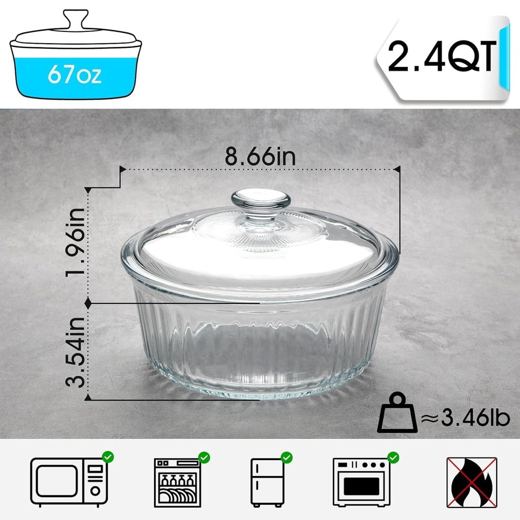 Glass Casserole Dish with Lid 2.4 Littre Serving Bowl for Cooking, Baking, Serving, Mixing and Storing, Microwave & Oven Safe Ideal for Kitchen, Dining (Set 1) view 2