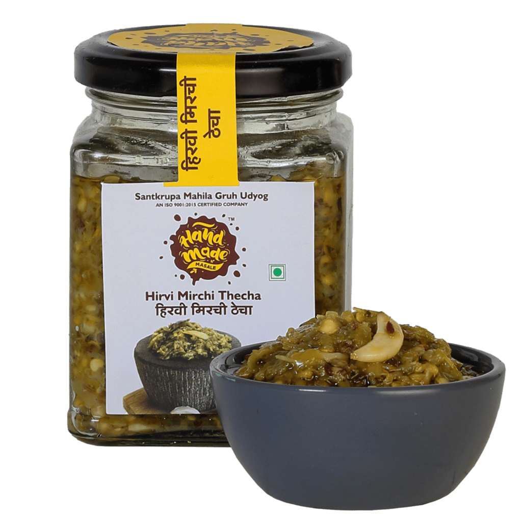 Handmade Masale Green chilli Thecha / Hirvi Mirchi Thecha | Spicy and tangy | Fresh and flavorful | Authentic Indian recipe | Made with fresh green chilies, garlic, and spices | No artificial preservatives or colors | Gluten-free | Vegan view 2