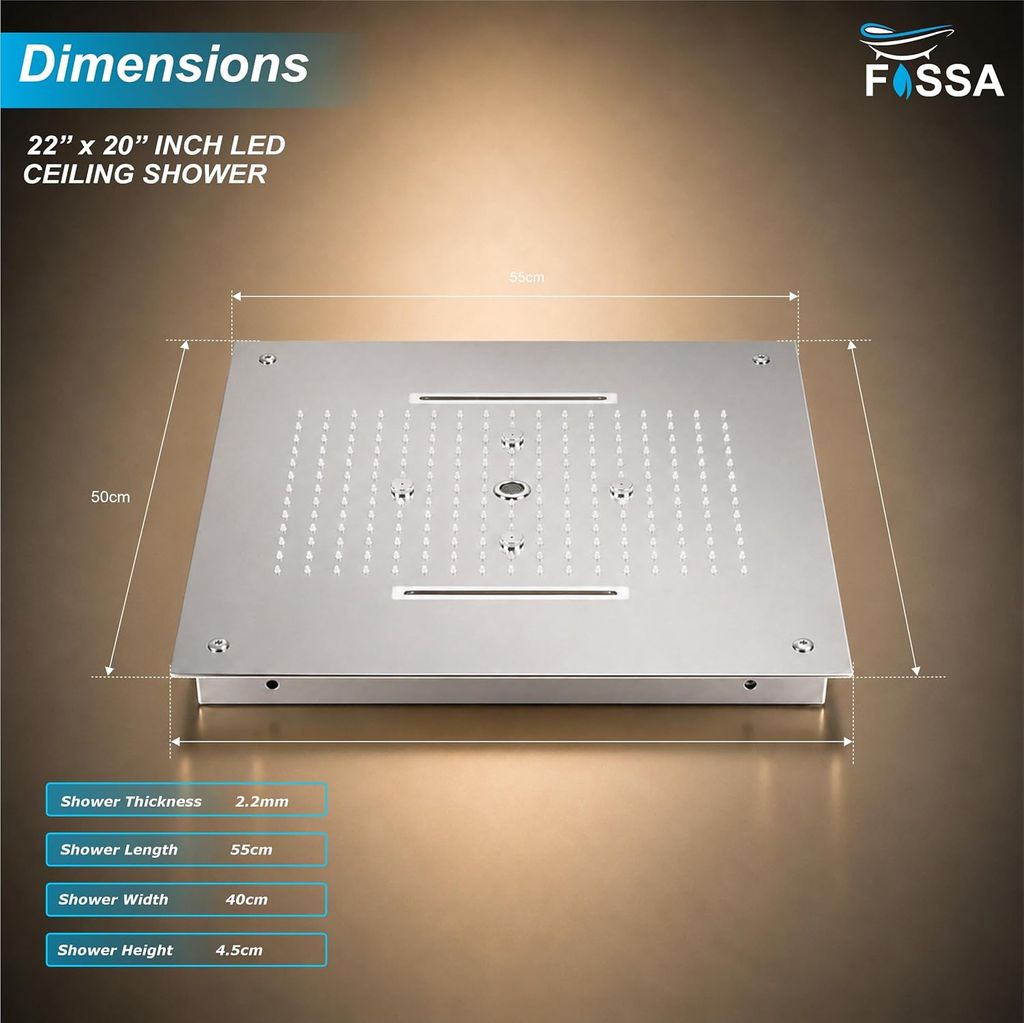 304 Stainless Steel Ceiling Overhead Shower With LED (22 x 20 Inch) view 2
