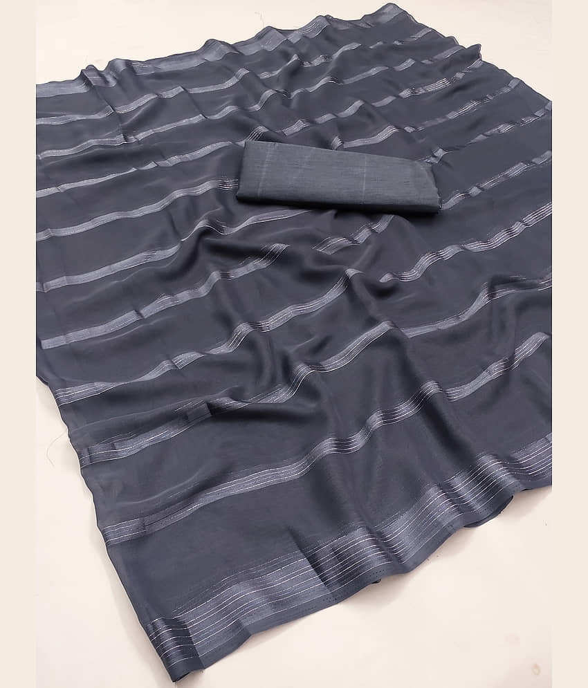 ANAND SAREES Satin Striped Saree With Unstitched Blouse Piece ( Grey ) view 2