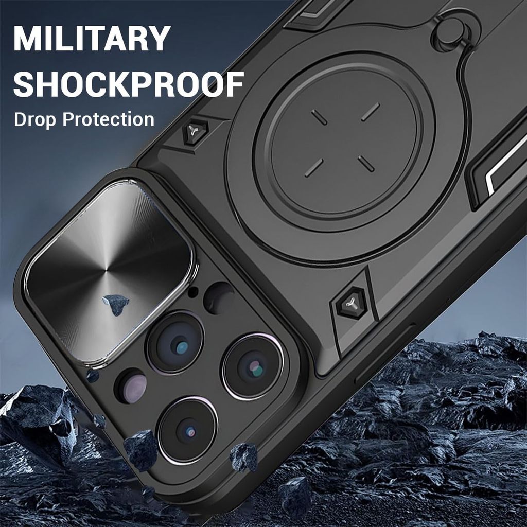 LIRAMARK Back Cover Case Compatible with iPhone 15 Pro Max (6.7 inch) with Stand & Slider Camera Military Grade Drop Protection view 2
