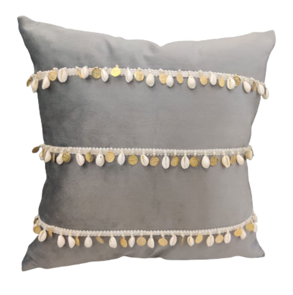 GOODVIBES 16X16 Inches Grey Velvet Shellwork Square Cushion Cover with Lace for Décor Sofa Couch Living Room Bedroom Farm House Indoor Outdoor | 40cm * 40 cm I Set of 3| view 2