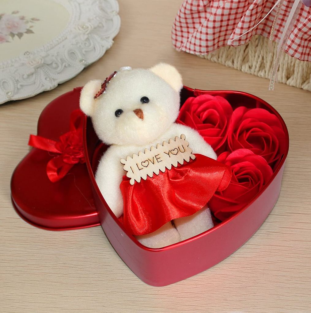 Teddy and Roses(3 Pieces Roses 1 Small Bear Doll)/ Heart Shaped Gift Tin Box containing Teddy and Roses with Love Message/Heart Shape Tin Box ( Red / Pink ) view 2