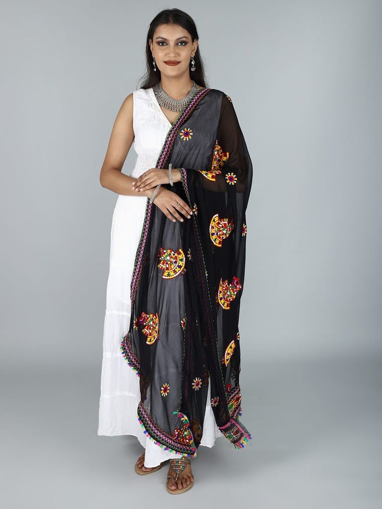 Black Phulkari Dupatta With Sequin Embroidered Dandiya Motif And Saori Lace On The Borders From Rajasthan view 2