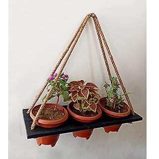 Khush Its Amazing Wood Hanging Planter Shelf Plant Hanger Decorative Flower Pot Rack with Rope Home Decor Hanging Planter ( 3 Pot Black Planter) view 2