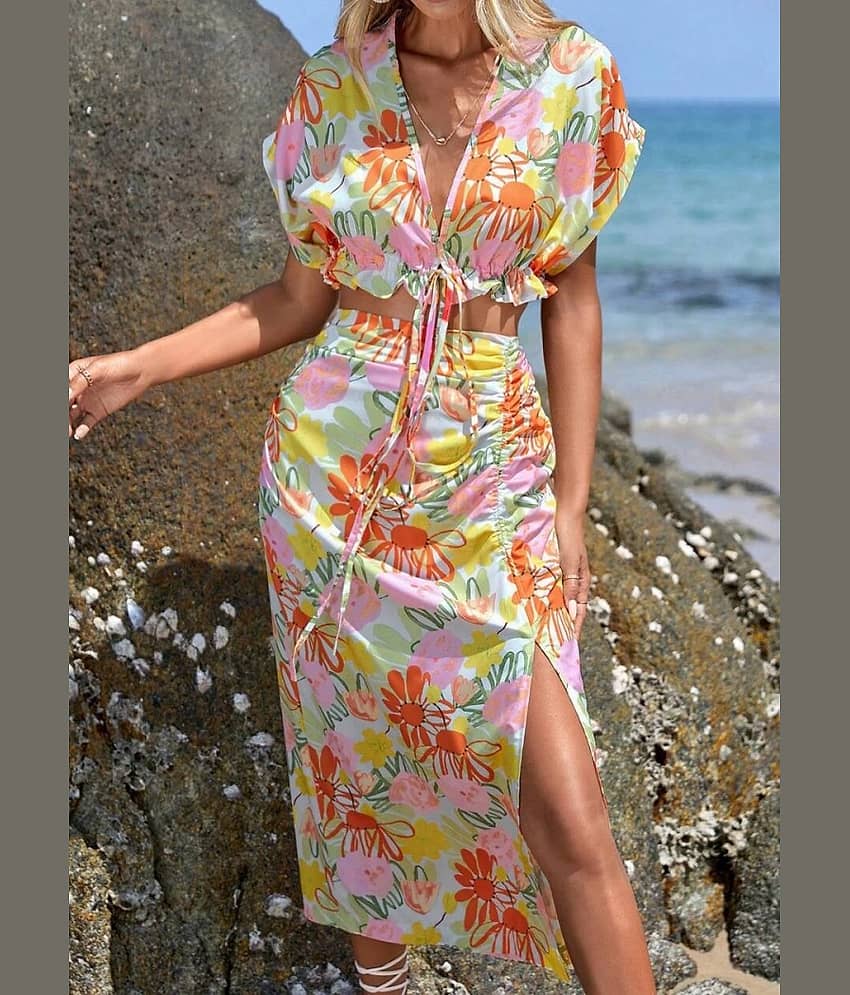 COOL AND CASUAL Women Printed Top With Skirt Co-Ord Set ( Multicolor ) view 2