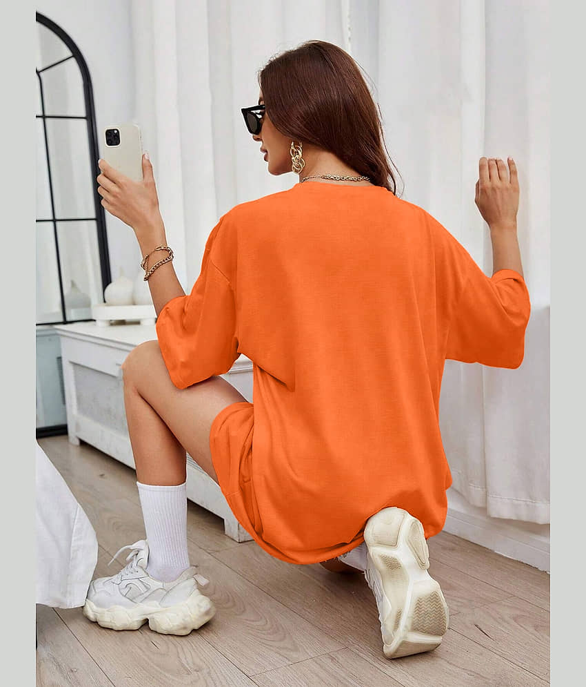 Leotude Women Cotton Blend Printed Oversized Fit Round Neck T-Shirt ( Orange ) view 2