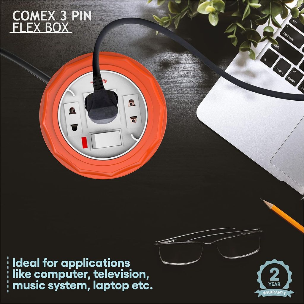 Fybros xtension/power/Flex Box Board Strip with 3 Socket and Supply Indicator Orange 3 Socket Extension Boards (Orange, White, 2.5 m) view 2