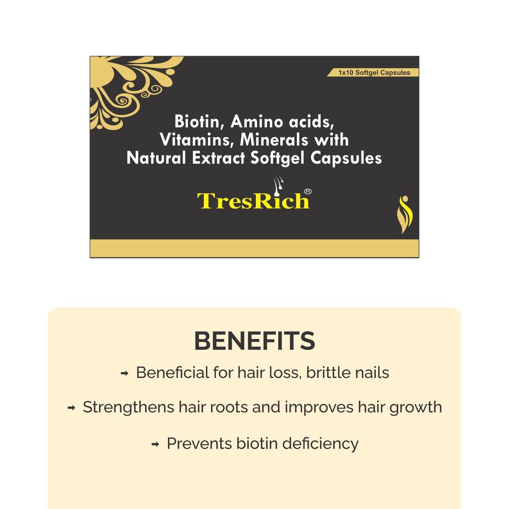 TRESRICH SOFTGEL CAPSULES, RICH WITH BIOTIN, AMINO ACID, VITAMINS, AND MINERALS, PROMOTES HAIR GROWTH , BRITTLE NAILS, BIOTIN DEFICIENCY, HEALTH SUPPORT Pack of 3 view 2