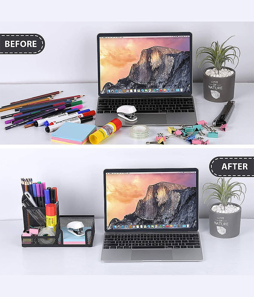 GEEO 3 Compartment Metal Mesh Desk Organizer Stationary Storage Stand Pen/Pencil Holder for Office, Home, and Study Table Small Items Storage Box view 2