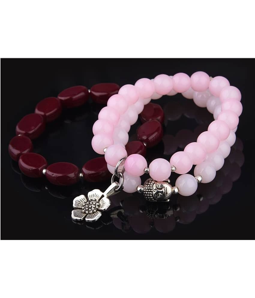 Modern Fusion Light Pink & Baby Pink Onyx Stone with Silver Platted Buddha and Flower & Maroon Agate Oval Stone Stretchable Bracelet for Womens & Girls view 2