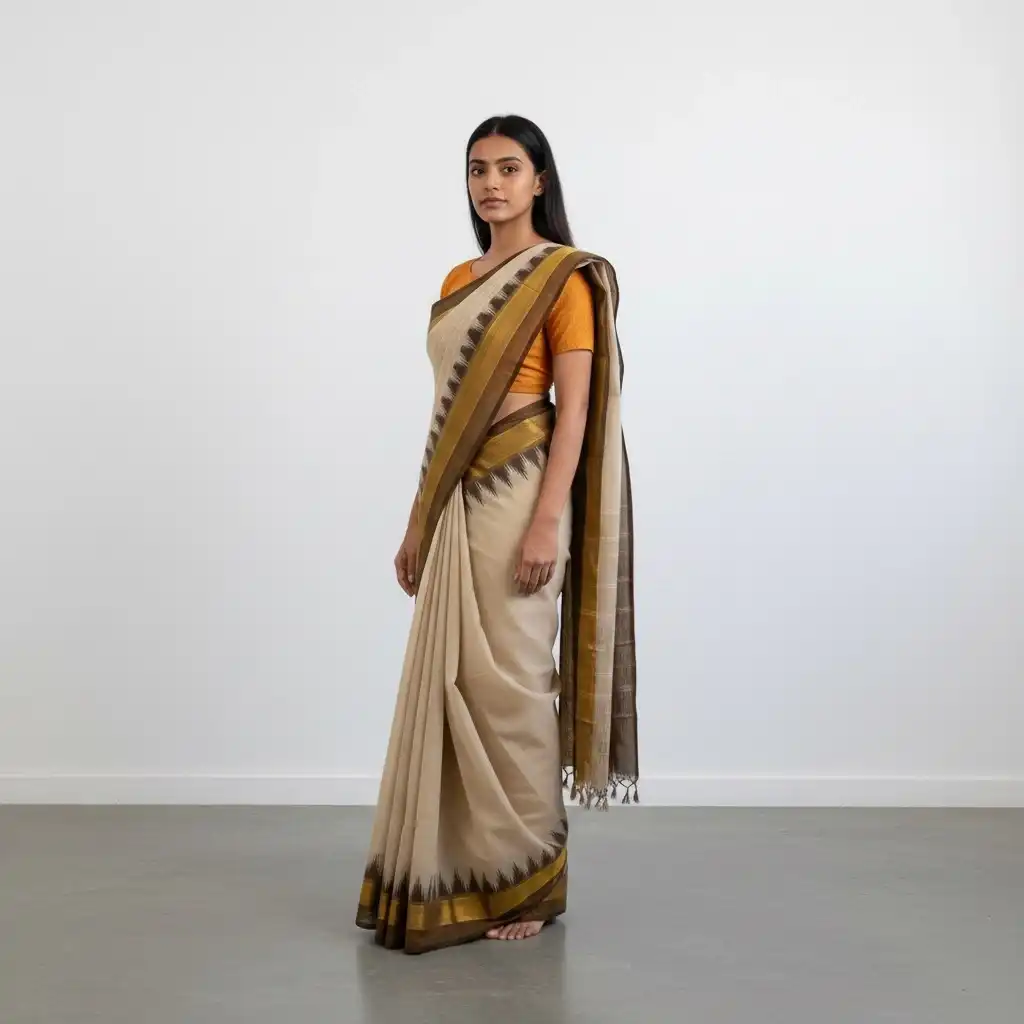 Cream Handloom Cotton Kanchipuram Saree with Golden Temple Border view 2