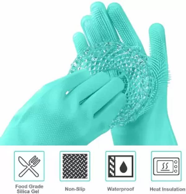 Elecsera Washing Silicone Reusable Heat Resistance and Water Proof Hand Gloves with Scrubber for Kitchen Cleaning, Utensils, Bath and pet Hair Care, Large- 1 Pair view 2