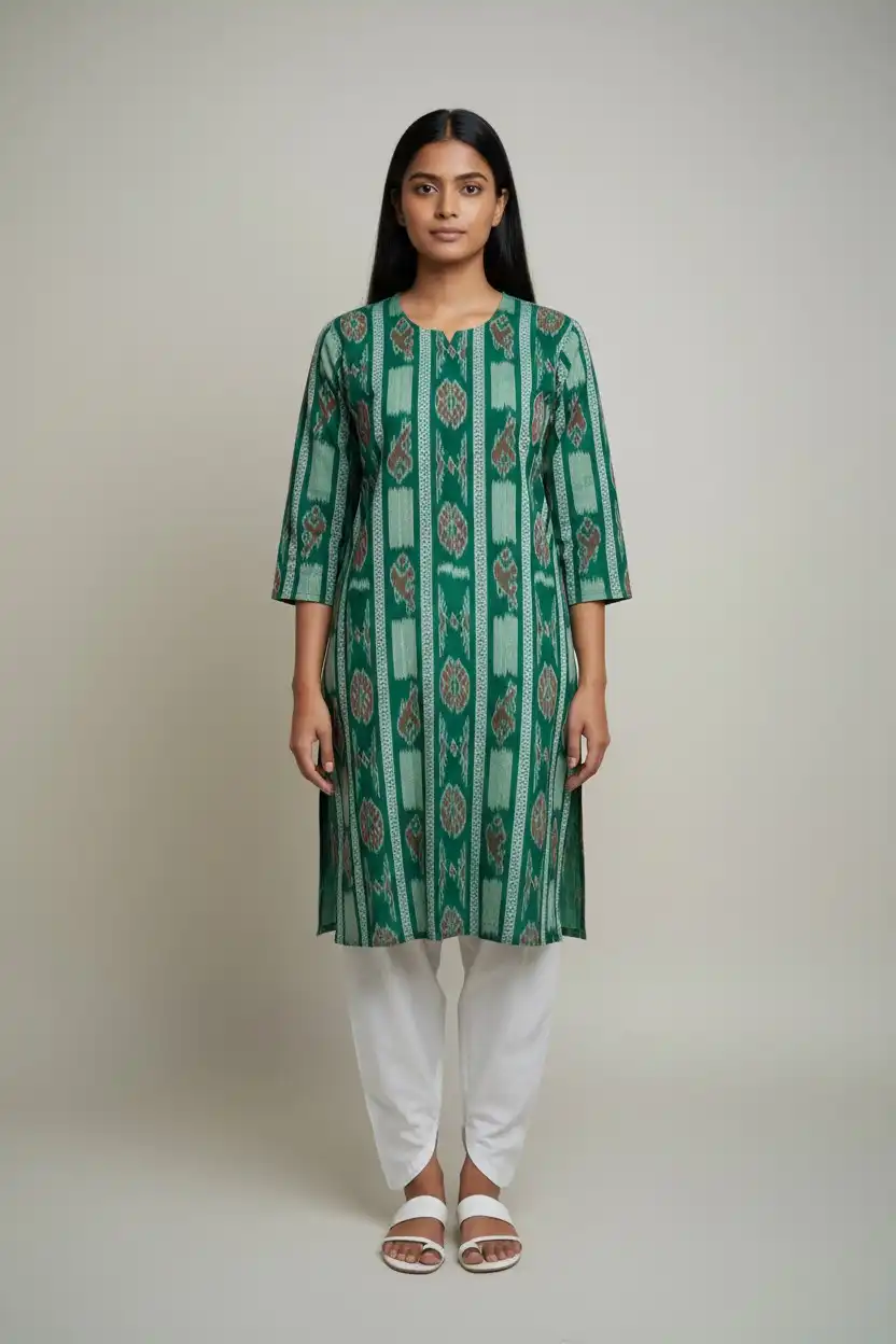 Sambalpuri Bandha Cotton Kurti in Green, Handwoven Ikat