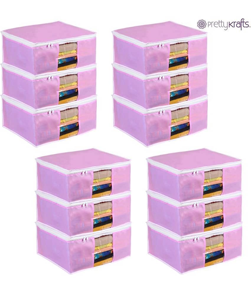 PrettyKrafts Non Woven Saree Cover Storage Bags Premium Quality Saree Organizer for Wardrobe/Cloth Organizer Pack of 12 - Pink view 2