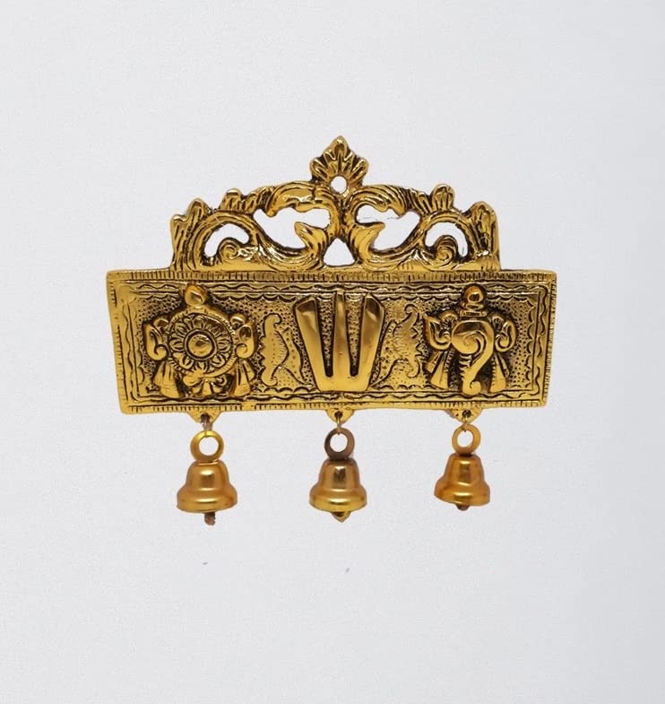 Metal Tirupati Balaji Shankh Chakra Namah Door Hanging with 3 Bells for Home ,Office & Room, Showpiece Figurines, Religious Idol