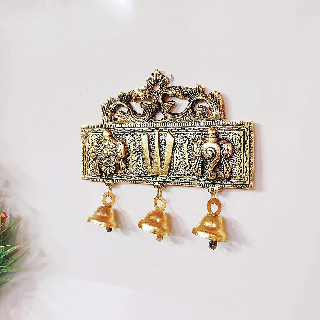 Metal Tirupati Balaji Shankh Chakra Namah Door Hanging with 3 Bells for Home ,Office & Room, Showpiece Figurines, Religious Idol view 2