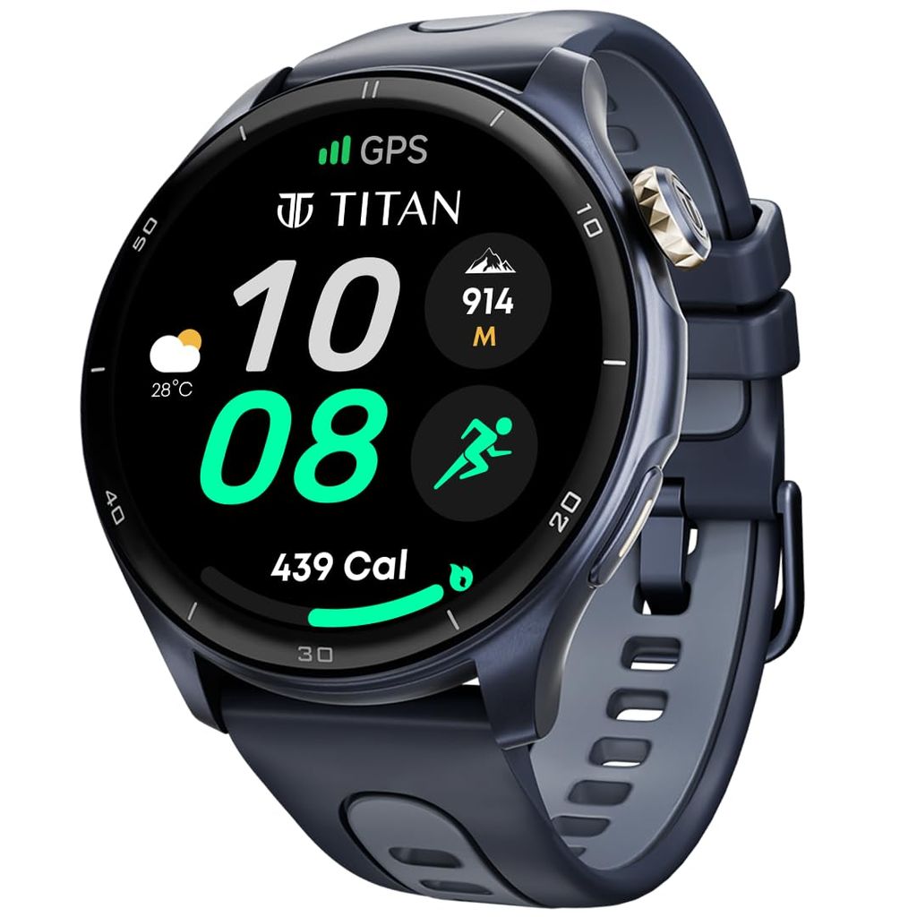Titan Celestor 1.43" AMOLED Smart Watch with Built-in GPS, Advanced Health Intelligence, AI Voice Assistant, Aluminium Case, 100+ Sports Modes, Water Resistance – Smartwatch for Men & Women (Blue)