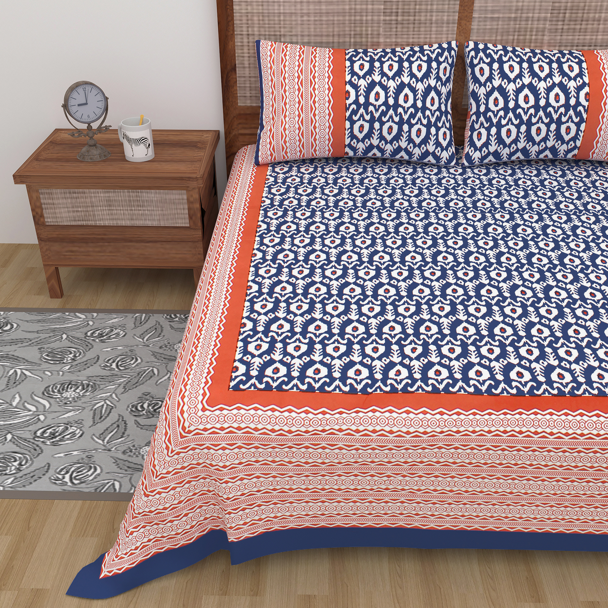 Lali Prints Jaipuri Blue Ethnic Motifs Cotton 130 TC Queen Bedsheet With 2 Pillow Covers view 2