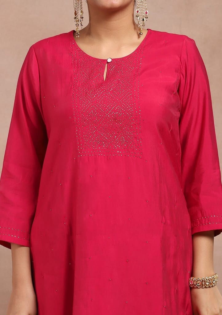 Chanderi Kamdaani Embroidered Solid Women's 4 PC Long Kurta Set - Pink view 2
