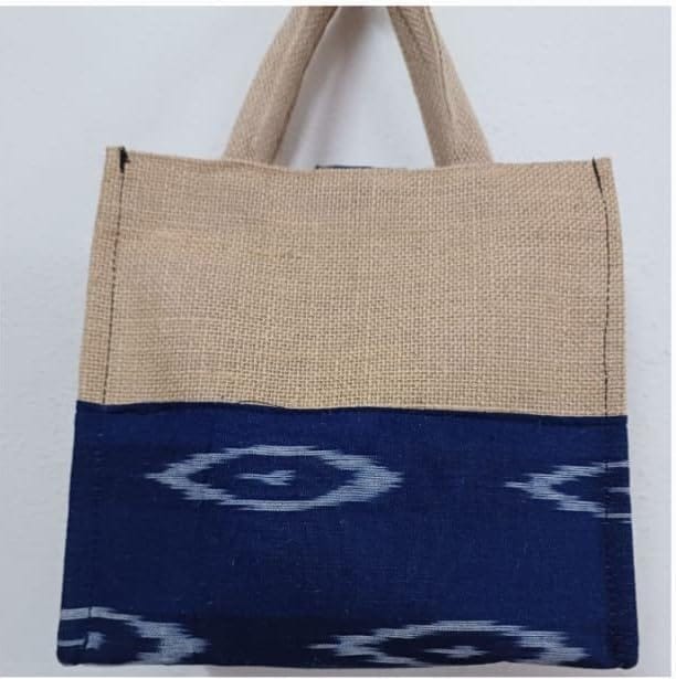 Handmade Jute and Cotton Tote Bag with Blue Geometric Pattern view 2