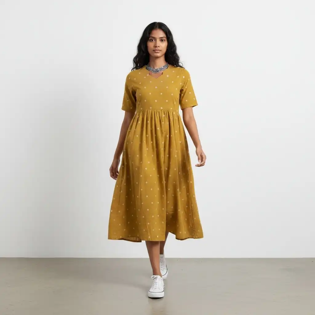 Mangalgiri South Cotton Kurti in Mustard with Screen-Printed Buti