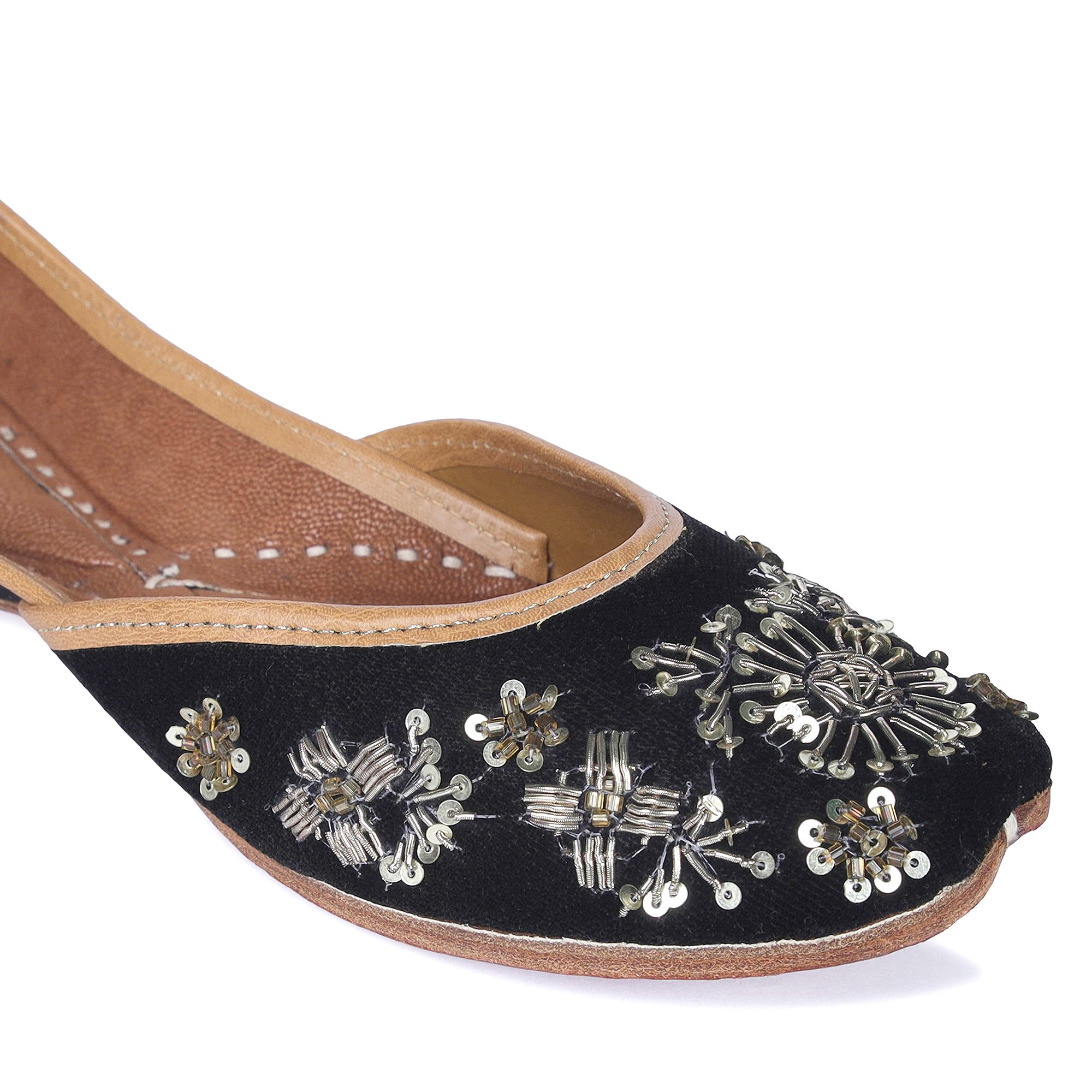 RSK ETHNIC WEAR, Black Color Embroidered Handmade Jutti for Women with Soft Leather and Double Cushion view 2