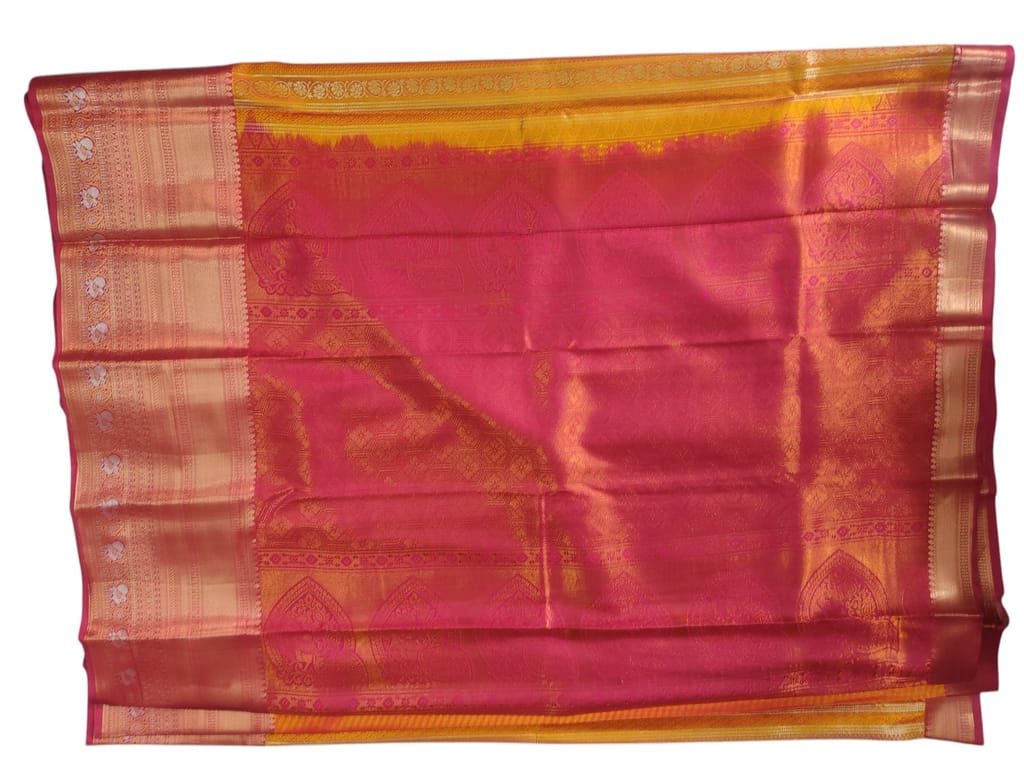 Kanjivaram sarees with yellow and pink border. view 2