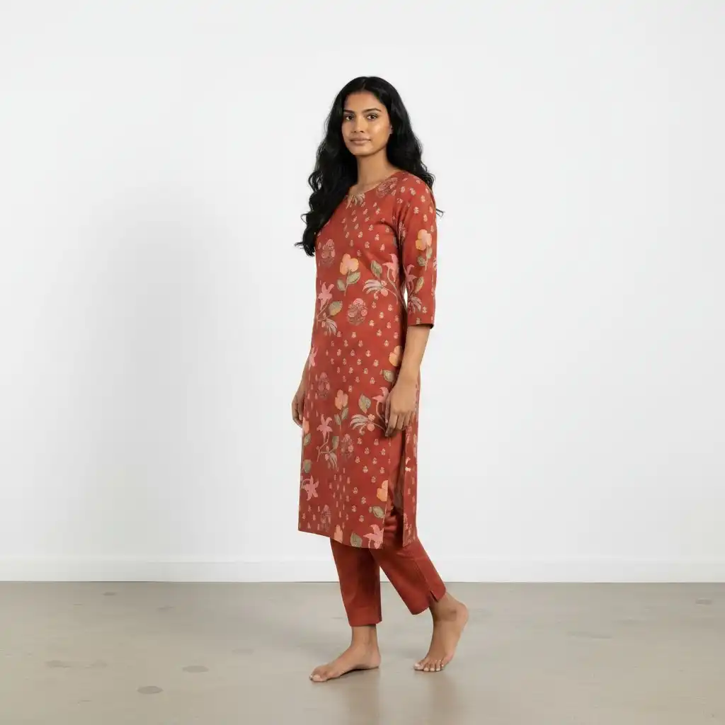 Rust Orange Screen-Print Cotton Kurti with Matching Trousers view 2
