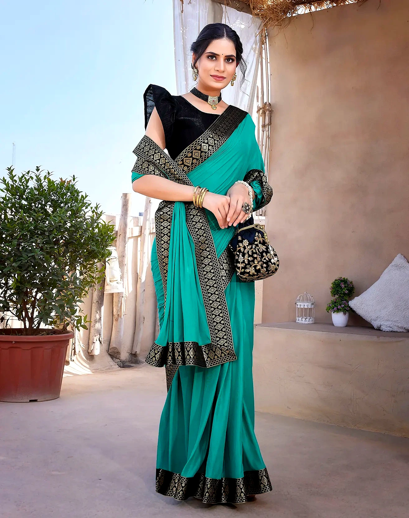 Lycra Saree with Lace Border (Color - Cyan) by SHIV TEXTILES view 2