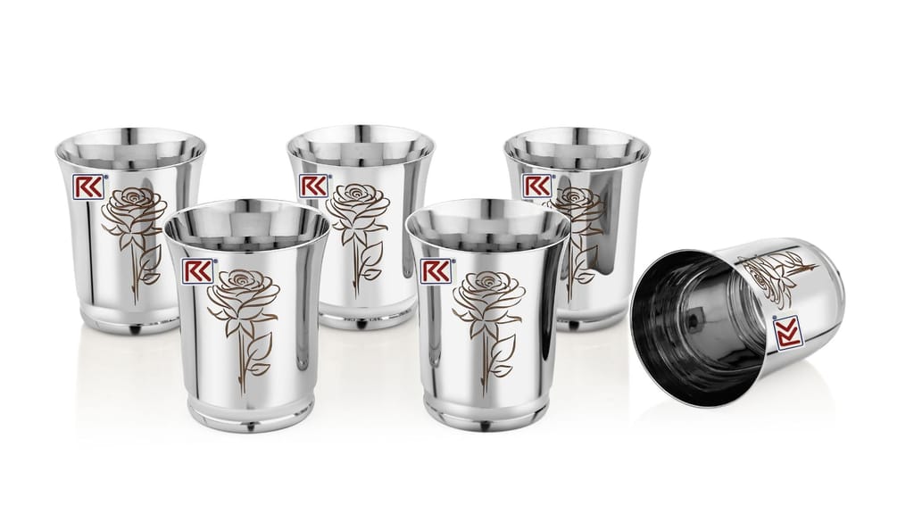 RK Stainless Steel Water Glasses Pari-7 Design with Laser Flower Design | Capacity: 300 ML | Set of 6 Glasses view 2