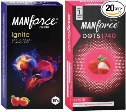 MANFORCE Ignite Apple-peach Flavoured Extra Dotted Box Condoms - 10 Pieces & Extra Dotted Litchi Flavoured Condoms - 10 Pieces Condom (Set of 2 20 Sheets)