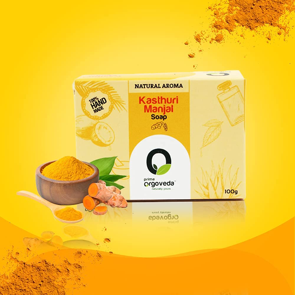Prime Orgoveda Kasturi Manjal Soap | 100% Natural Organic Handmade, Bathing for All Skin Types -100g