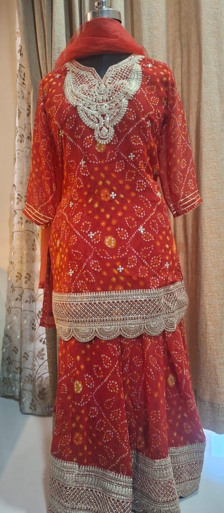 Red Gharara Traditional bhandhani 3pc set in Georget