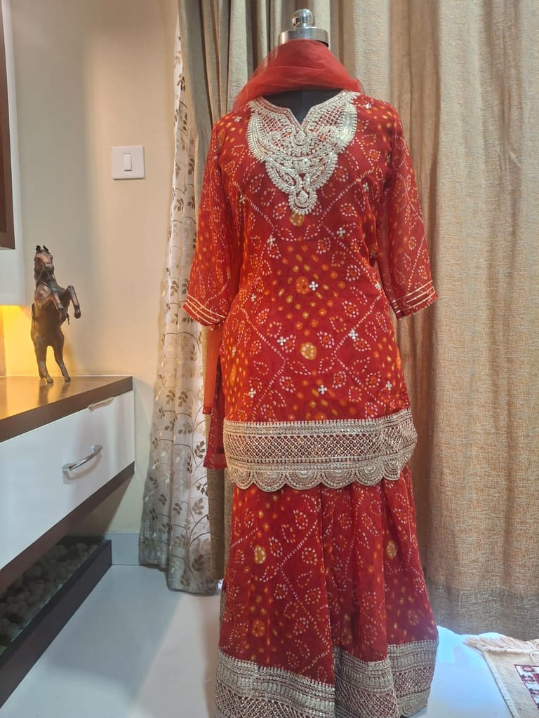 Red Gharara Traditional bhandhani 3pc set in Georget view 2