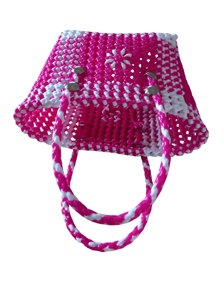 Handmade Pink and White Woven Basket with Handles view 2