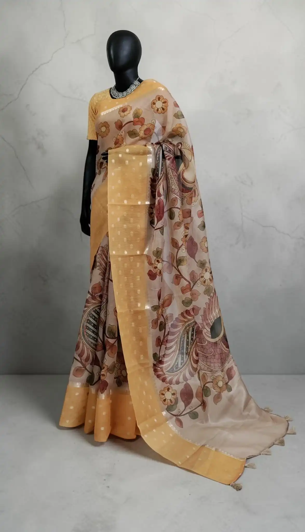Kota Doria Block-Print Cotton-Silk Saree with Peacock, Zari Border view 2