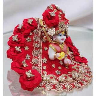 Red Designer Laddu Gopal Dress with Pagdi | Heavy Floral Thakur Ji Poshak with pearlwork view 2