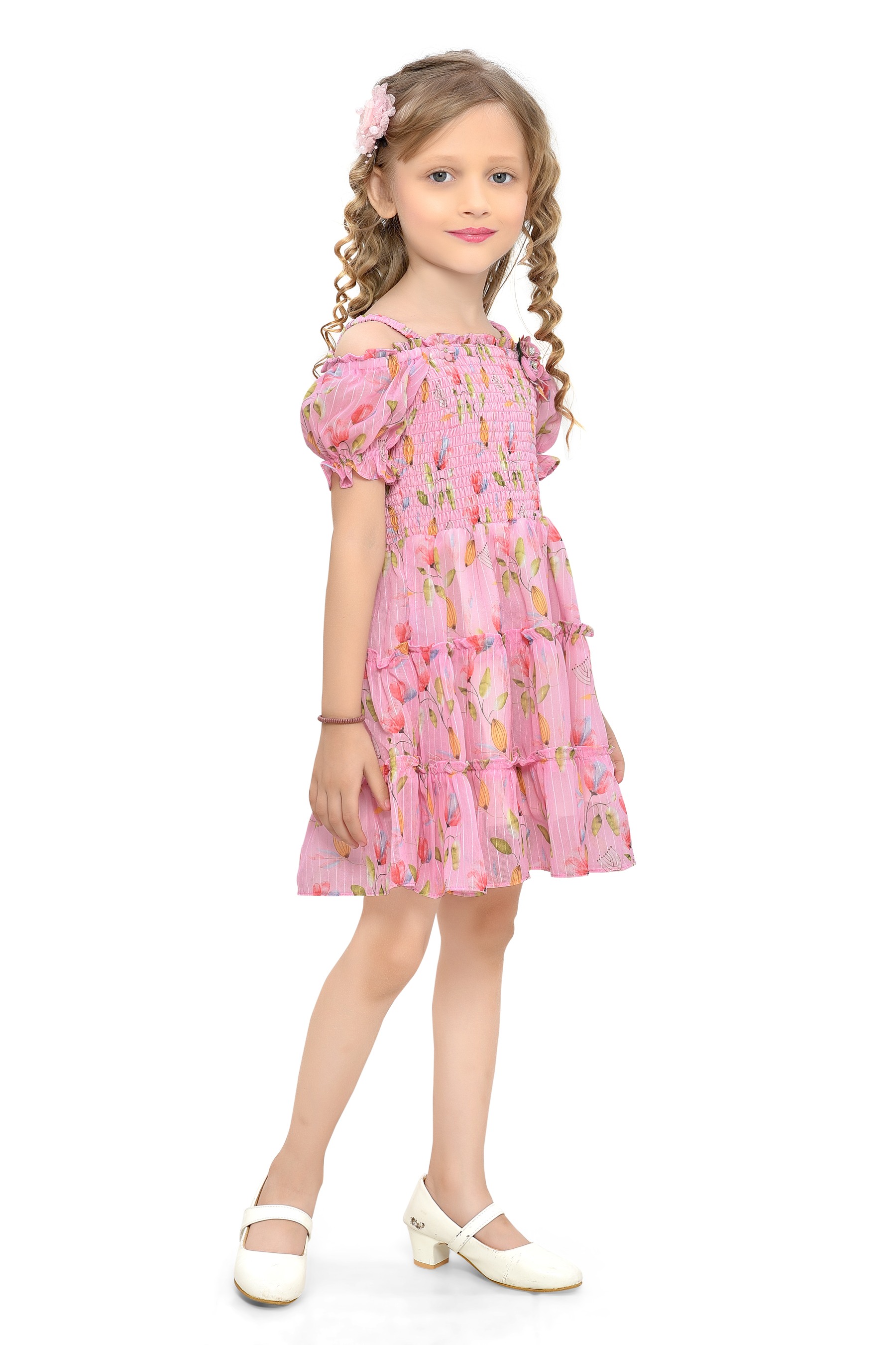 Be:Kids Blossom Bliss Pink Floral Smocked Dress with Puff Sleeves view 2