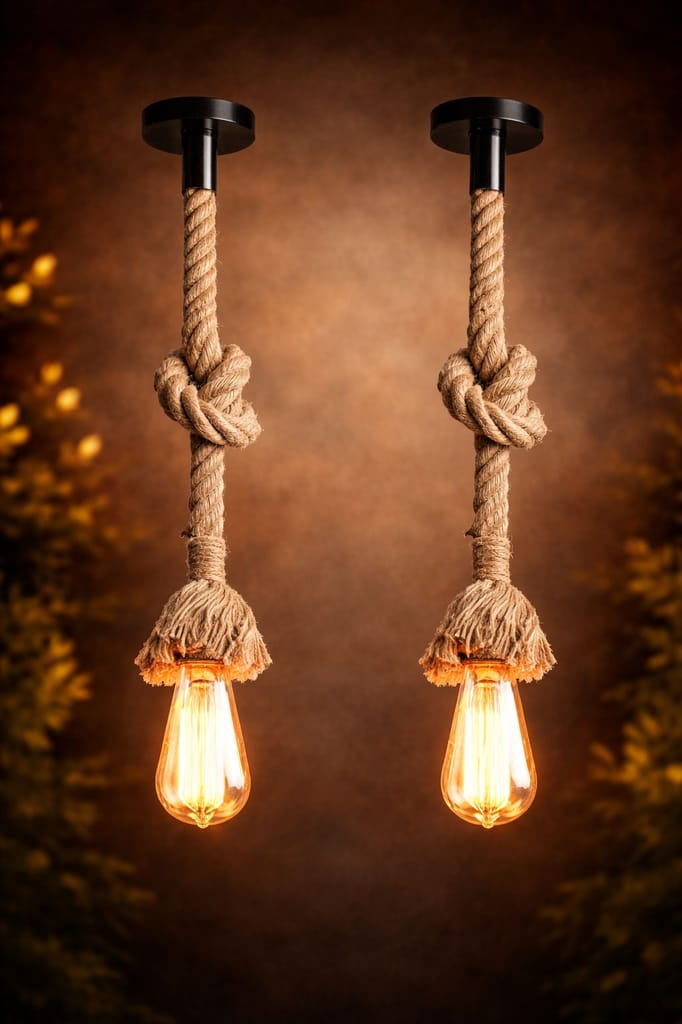 SPARKWORLD (Pack of 6) Jute Knot Rope Pendant Lights Rustic Industrial Hanging Lamps, E27 Base (Bulbs Not Included) | Size: 5X120 cm | Colour: Hanging Rope (Pack of 6) view 2