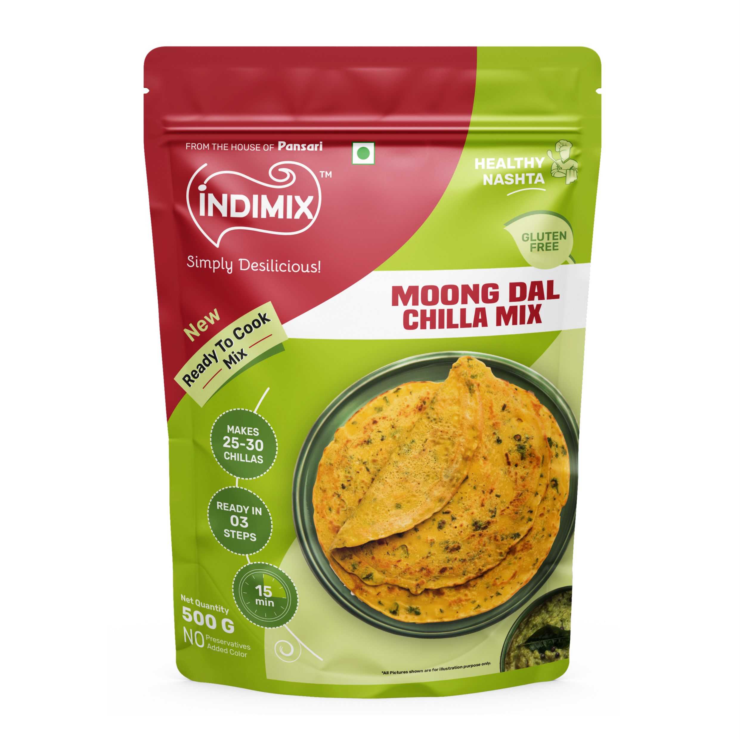 Indimix Ready to Cook Moong Dal Chilla Mix - 500gm