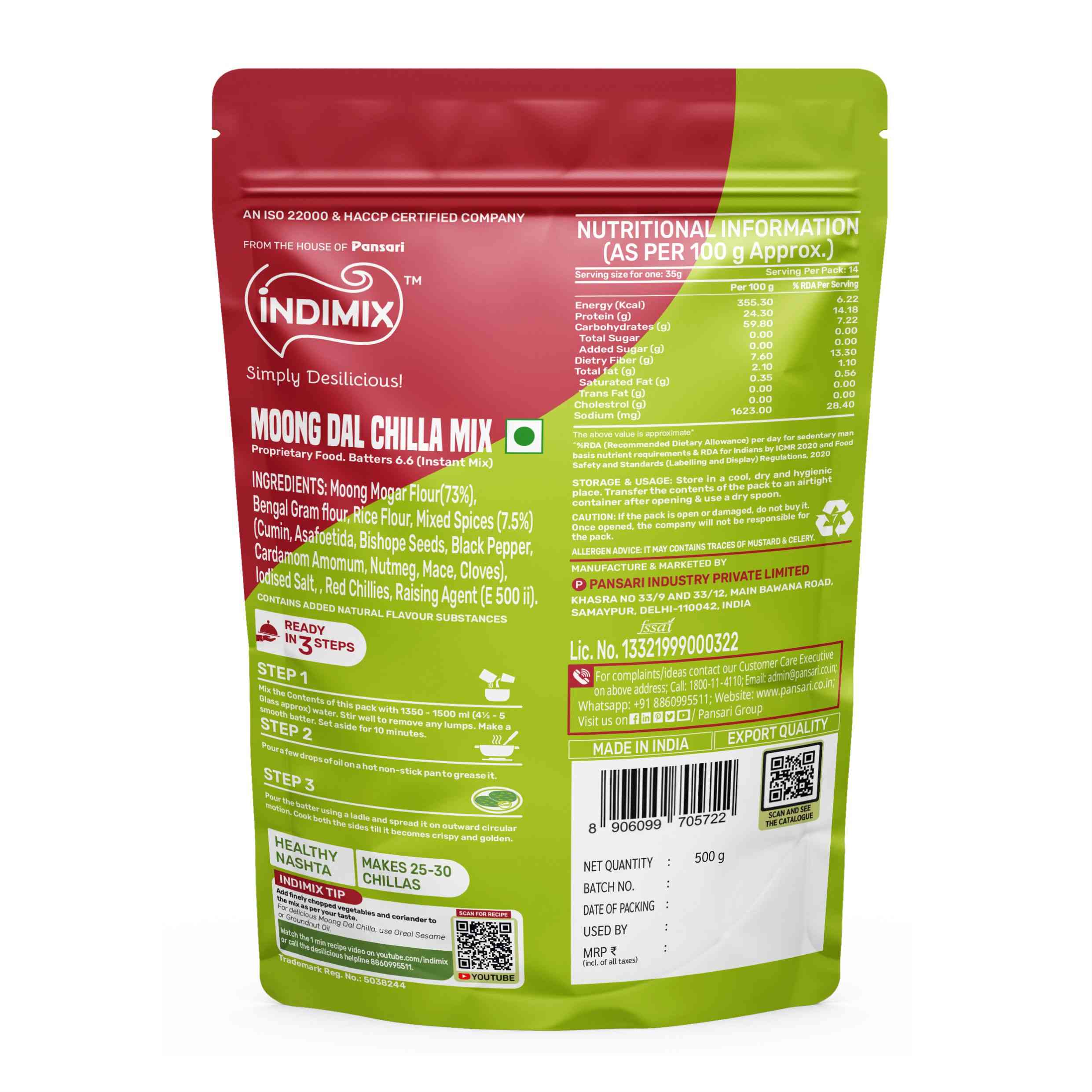 Indimix Ready to Cook Moong Dal Chilla Mix - 500gm view 2