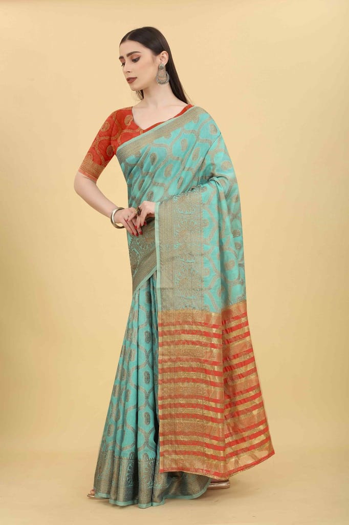 Women's Floral Cotton blend Saree With Blouse Piece view 2