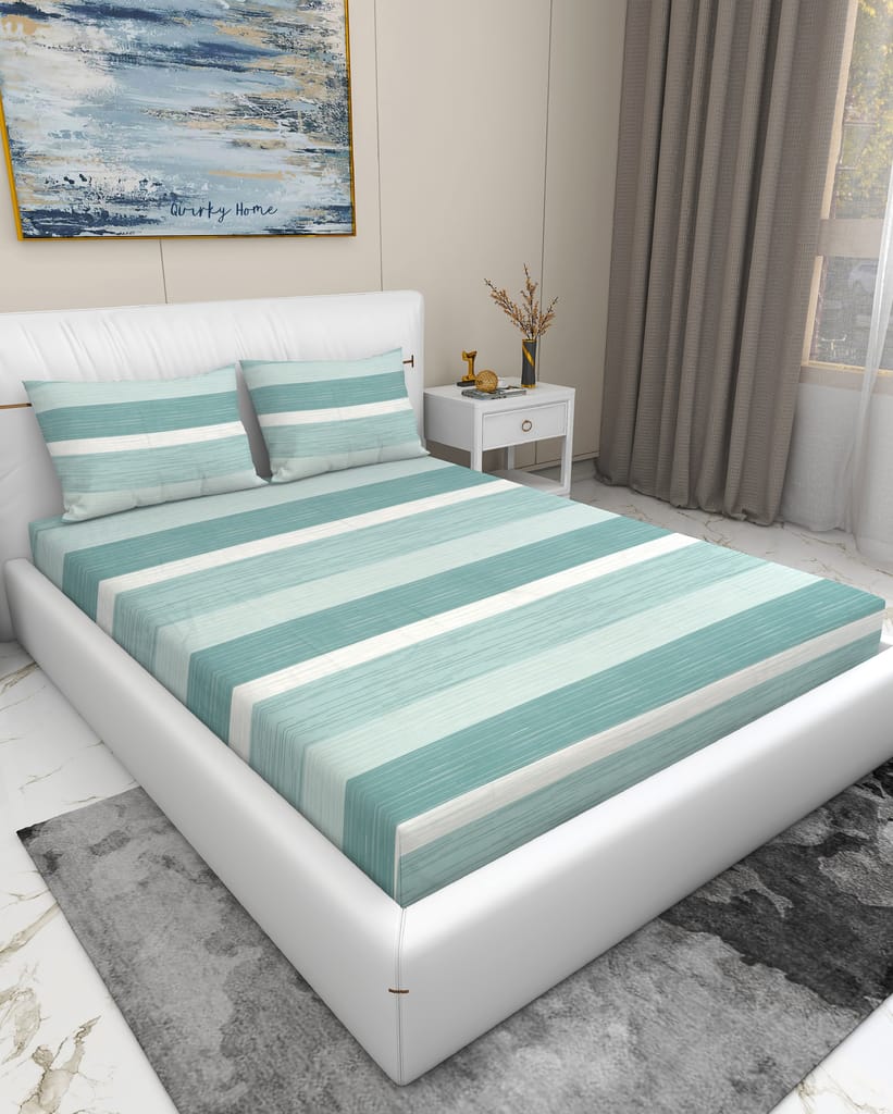 Quirky Home Rome Collection Premium Cotton Blend 180 TC Flat King Wrinklefree Bedsheet with 2 Pillow Covers, Green Lines view 2