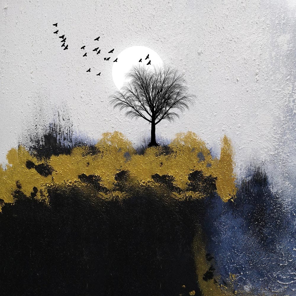 ABSTRACT LANDSCAPE PAINTING WITH TREE AND BIRDS 24in X 24in WITH BLACK FRAME view 2