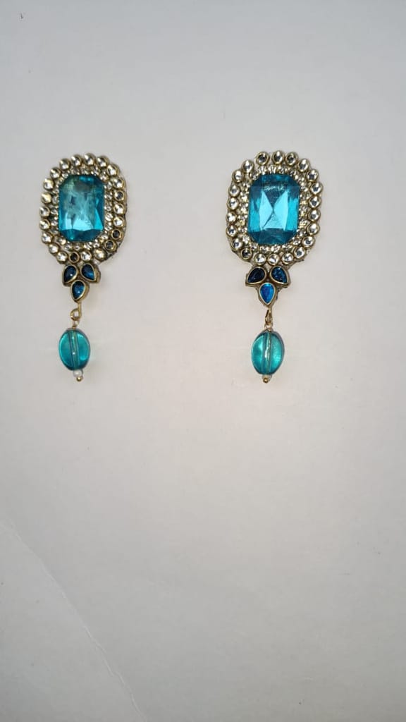 oxidized silver earrings with square mint green stones and pearl drops view 2