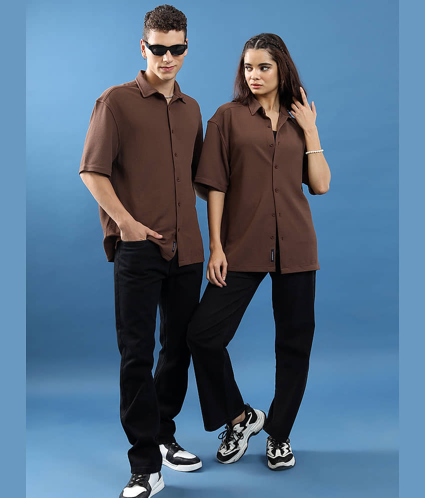 Highlander Cotton Blend Oversized Fit Self Design Half Sleeves Men's Casual Shirt - Brown ( Pack of 1 ) view 2