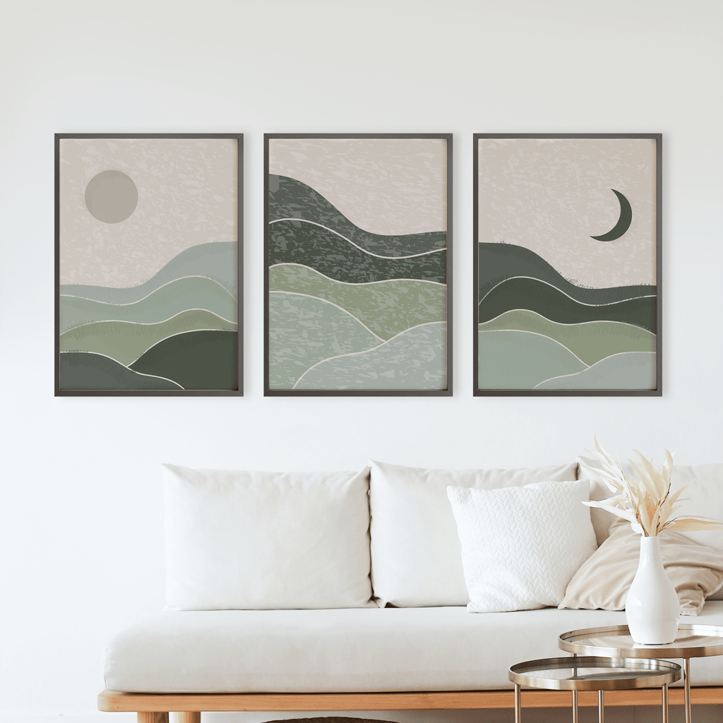 Rustic Charm Set of 3 Abstract Landscape Wall Art for Living room, Office and Hotel | Sun Moon|9 x 13 inches (A4)|Black view 2