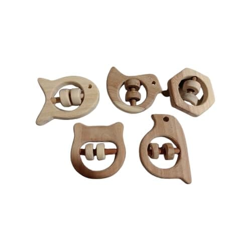 Neemtoys Neem Wooden Pack of 5 Satisfying Sound Making Rattles Toy with Multiple Textured Surface Sparrow, Dove, Fish, Hippo and Hexagon Shapes Toddlers Toy for Babies (Brown)