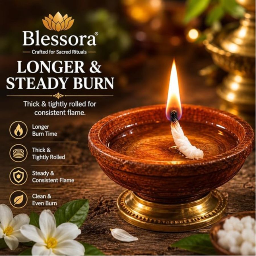 Round Cotton Wicks Diya Batti - White Phool Rui for Pooja | Long Lasting Aarti Use | Temple Daily Worship (Pack of 300 Pcs) view 2